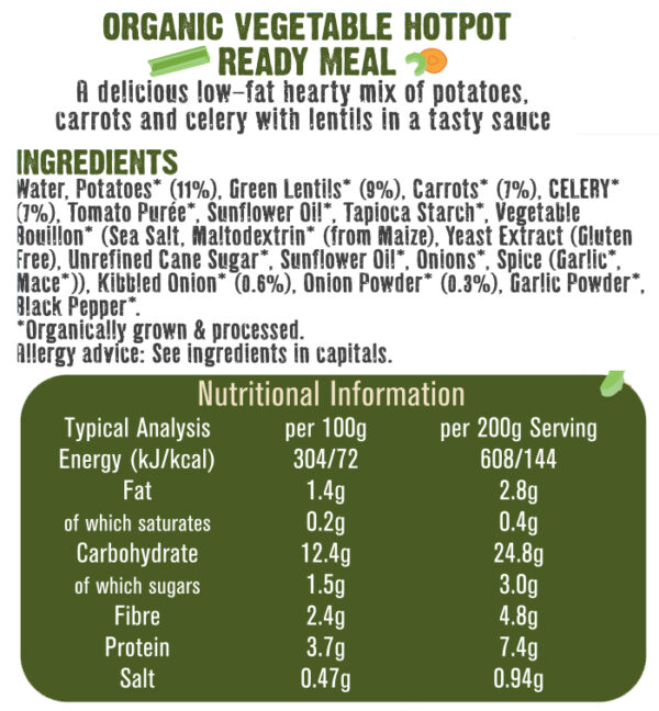 Vegetable Hotpot Ingredients and Nutritional Information
